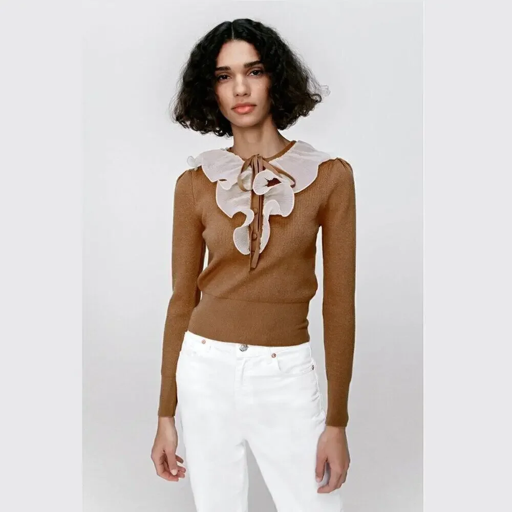 ZARA Knit Top with Ruffle Tie NWT | Brown Long Sleeve Contrast Collar M